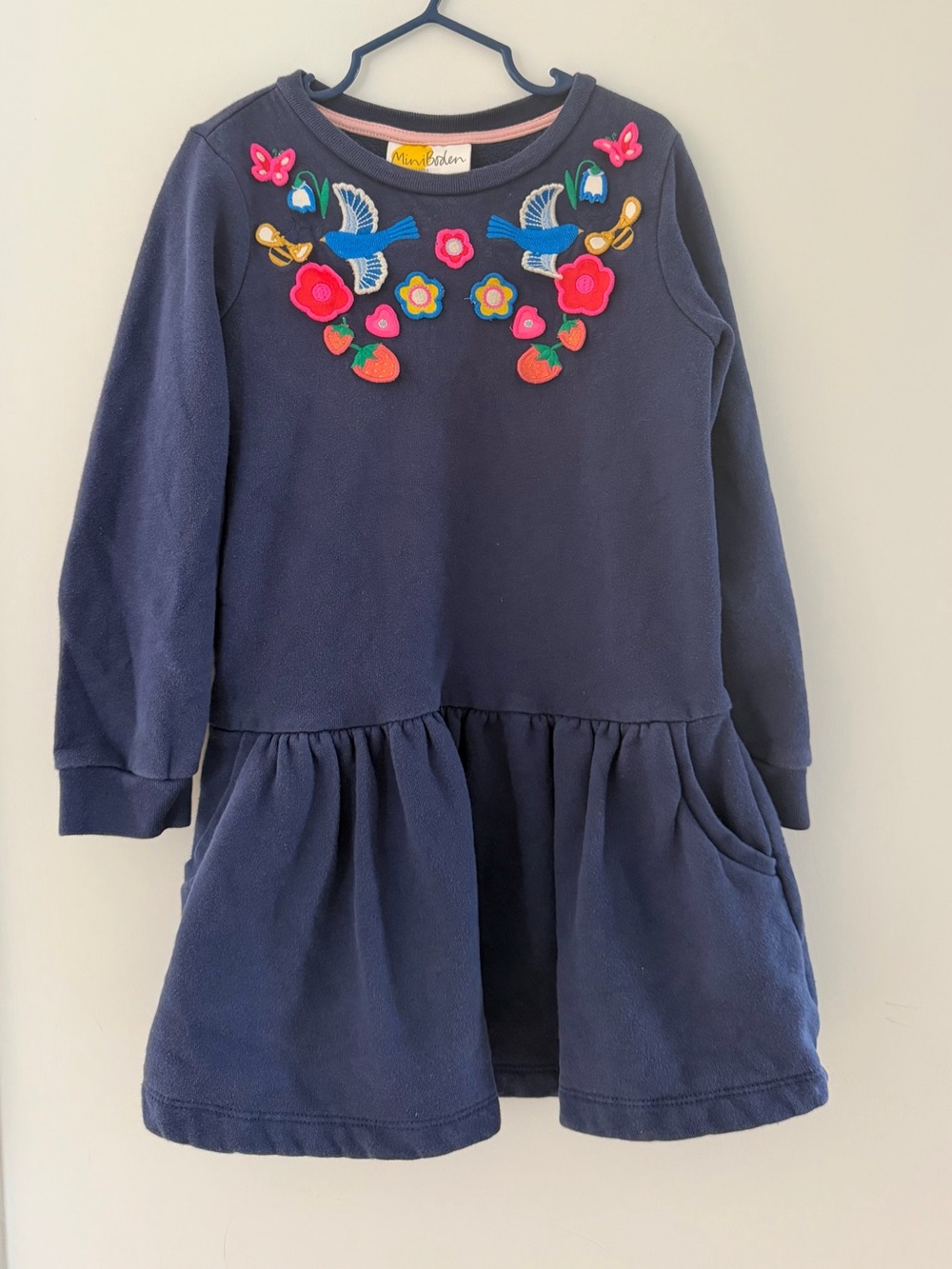 Mini Boden Navy Dress with Bright Bird & Floral Appliqués 6-7Y Girls